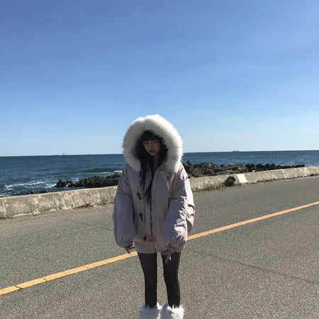 Romance Button Fur Hooded Padded Jacket Wellon Winter