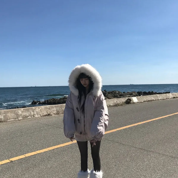 Romance Button Fur Hooded Padded Jacket Wellon Winter