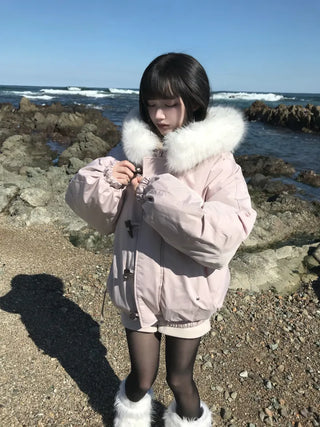Romance Button Fur Hooded Padded Jacket Wellon Winter