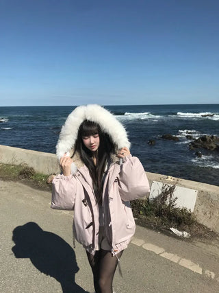 Romance Button Fur Hooded Padded Jacket Wellon Winter
