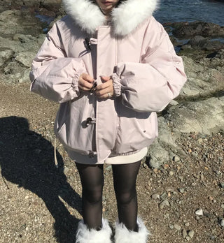 Romance Button Fur Hooded Padded Jacket Wellon Winter