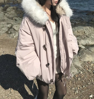 Romance Button Fur Hooded Padded Jacket Wellon Winter