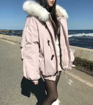 Romance Button Fur Hooded Padded Jacket Wellon Winter