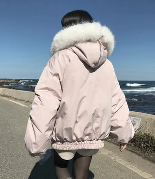 Romance Button Fur Hooded Padded Jacket Wellon Winter