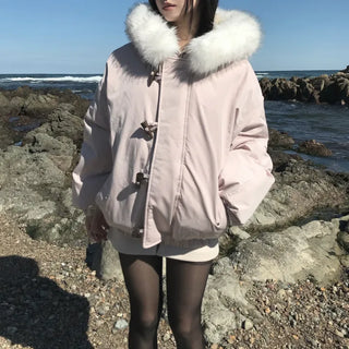 Romance Button Fur Hooded Padded Jacket Wellon Winter