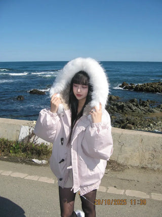Romance Button Fur Hooded Padded Jacket Wellon Winter