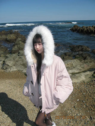 Romance Button Fur Hooded Padded Jacket Wellon Winter