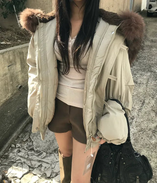Romance Button Fur Hooded Padded Jacket Wellon Winter