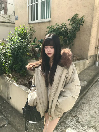 Romance Button Fur Hooded Padded Jacket Wellon Winter