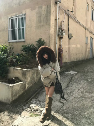 Romance Button Fur Hooded Padded Jacket Wellon Winter