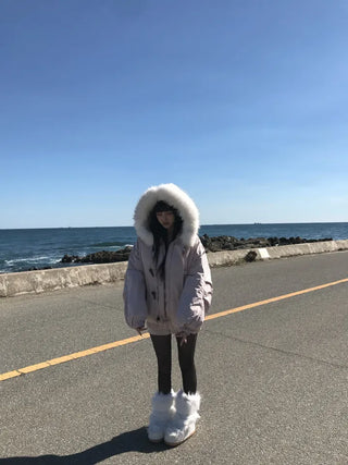 Romance Button Fur Hooded Padded Jacket Wellon Winter