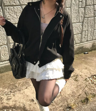 Huggle Collar Double-Button Jacket Half Coat Short Wool