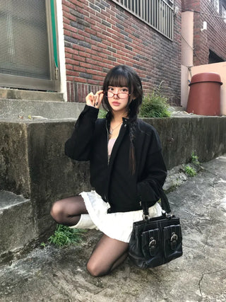 Huggle Collar Double-Button Jacket Half Coat Short Wool