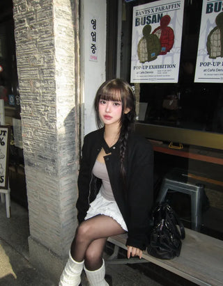 Huggle Collar Double-Button Jacket Half Coat Short Wool