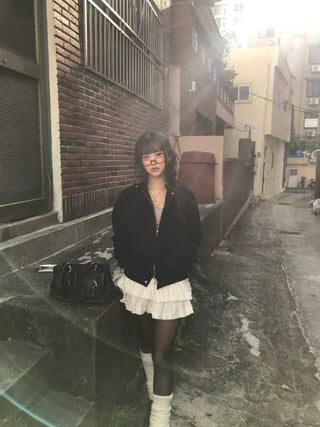 Huggle Collar Double-Button Jacket Half Coat Short Wool