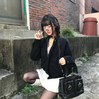 Huggle Collar Double-Button Jacket Half Coat Short Wool