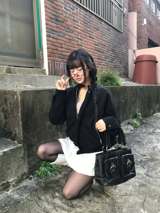 Huggle Collar Double-Button Jacket Half Coat Short Wool