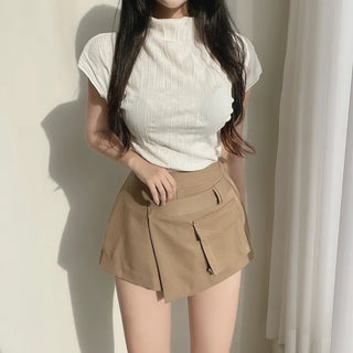 Half Turtleneck Pleated Mock Neck Cap Sleeve Short
