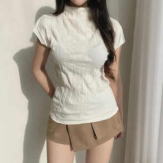 Half Turtleneck Pleated Mock Neck Cap Sleeve Short