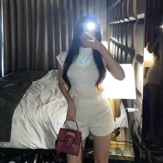 Half Turtleneck Pleated Mock Neck Cap Sleeve Short