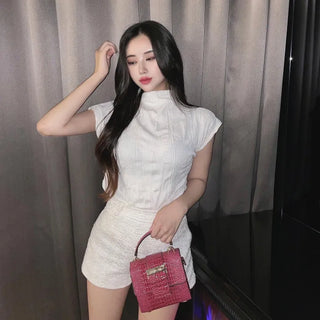 Half Turtleneck Pleated Mock Neck Cap Sleeve Short