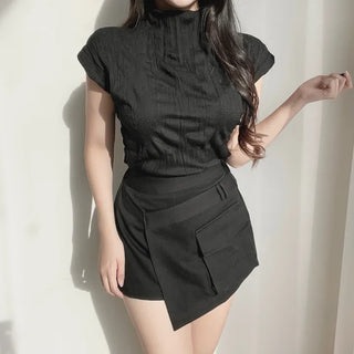 Half Turtleneck Pleated Mock Neck Cap Sleeve Short
