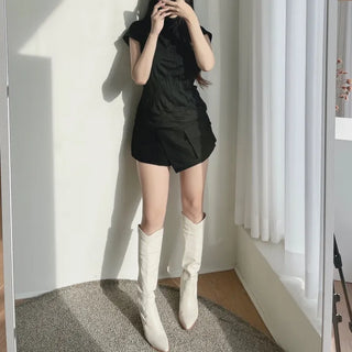 Half Turtleneck Pleated Mock Neck Cap Sleeve Short