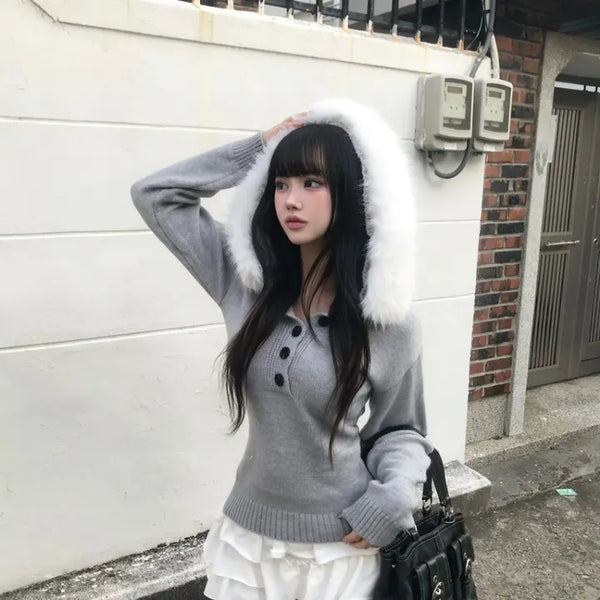 Heart V-neck Button Ribbed Long Sleeve T-shirt Knit