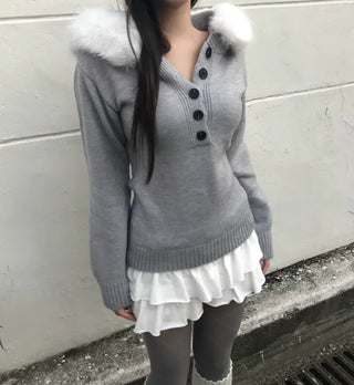 Heart V-neck Button Ribbed Long Sleeve T-shirt Knit
