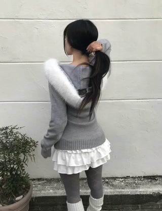 Heart V-neck Button Ribbed Long Sleeve T-shirt Knit