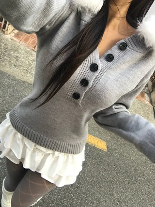 Heart V-neck Button Ribbed Long Sleeve T-shirt Knit