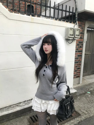 Heart V-neck Button Ribbed Long Sleeve T-shirt Knit