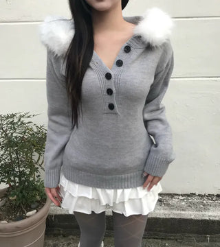 Heart V-neck Button Ribbed Long Sleeve T-shirt Knit