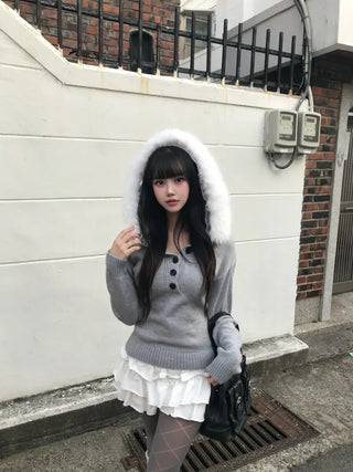Heart V-neck Button Ribbed Long Sleeve T-shirt Knit