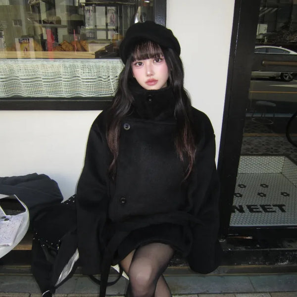 Mer Button Fur Hoodie Knit Year-end Look Date