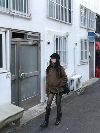 Mer Button Fur Hoodie Knit Year-end Look Date
