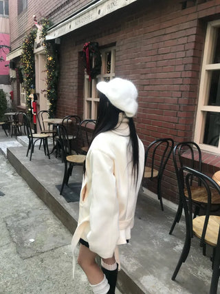 Mer Button Fur Hoodie Knit Year-end Look Date