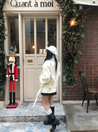 Mer Button Fur Hoodie Knit Year-end Look Date