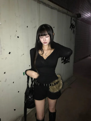 Bagel Two-Tone Fur Hooded Zip-Up Jacket Year-End Gyaru