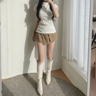 Long Sleeve Square Neck Delicate Puff Stretchy Tee
