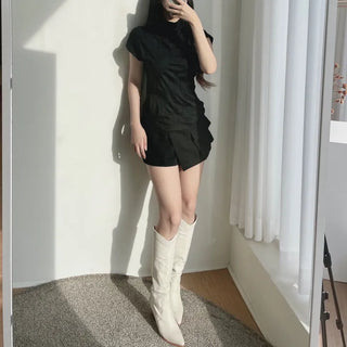 Long Sleeve Square Neck Delicate Puff Stretchy Tee