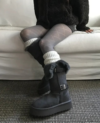 Rooney Ribbon Fur Boots Shoes Two-tone Winter Mid-calf