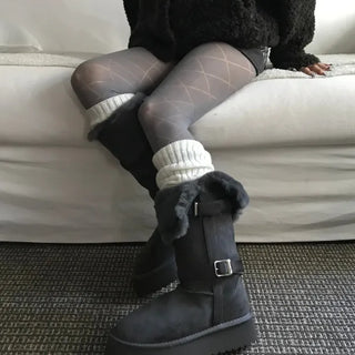 Rooney Ribbon Fur Boots Shoes Two-tone Winter Mid-calf