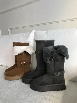 Rooney Ribbon Fur Boots Shoes Two-tone Winter Mid-calf