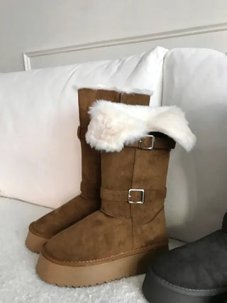 Rooney Ribbon Fur Boots Shoes Two-tone Winter Mid-calf