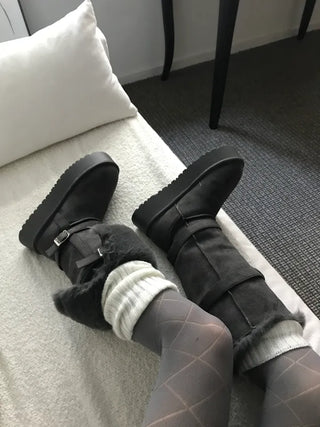 Rooney Ribbon Fur Boots Shoes Two-tone Winter Mid-calf