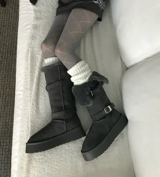 Rooney Ribbon Fur Boots Shoes Two-tone Winter Mid-calf