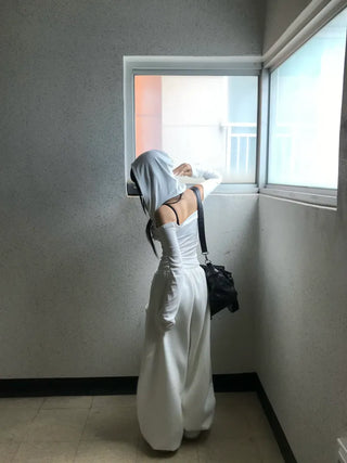 Rabbit Ponytail Tie Off-shoulder Long Sleeve Basic Item