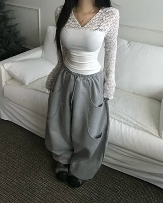 Rabbit Ponytail Tie Off-shoulder Long Sleeve Basic Item