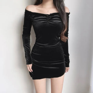 Velvet Off-shoulder Shirred Long Sleeve Party Dress Year-end